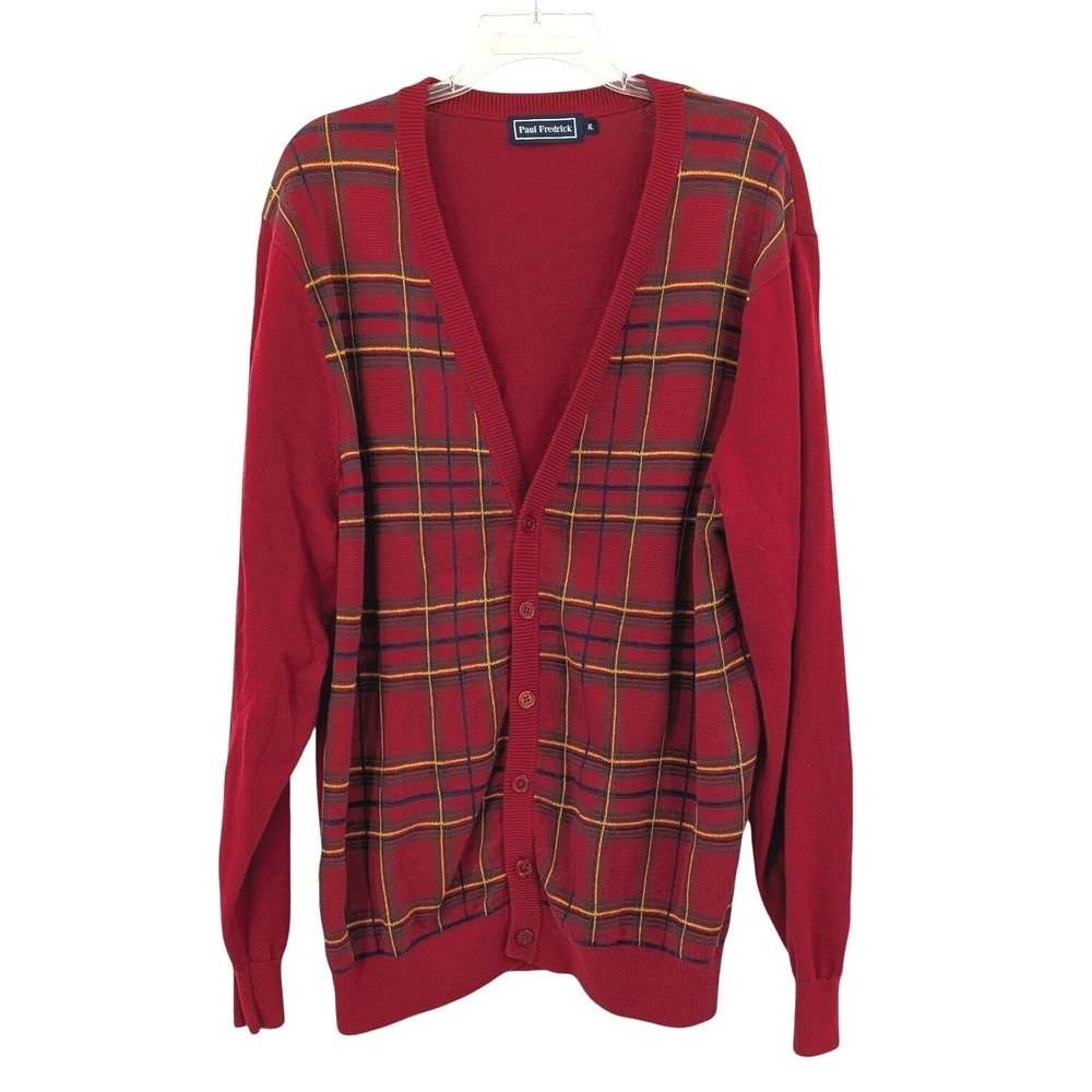 Paul Fredrick Cardigan Sweater Red Tartan Plaid Cotton Preppy Grandpa XL
